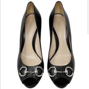 🖤Gucci Black Horsebit New Hollywood Leather Peep Toe Classic Pumps Black 7 1/2